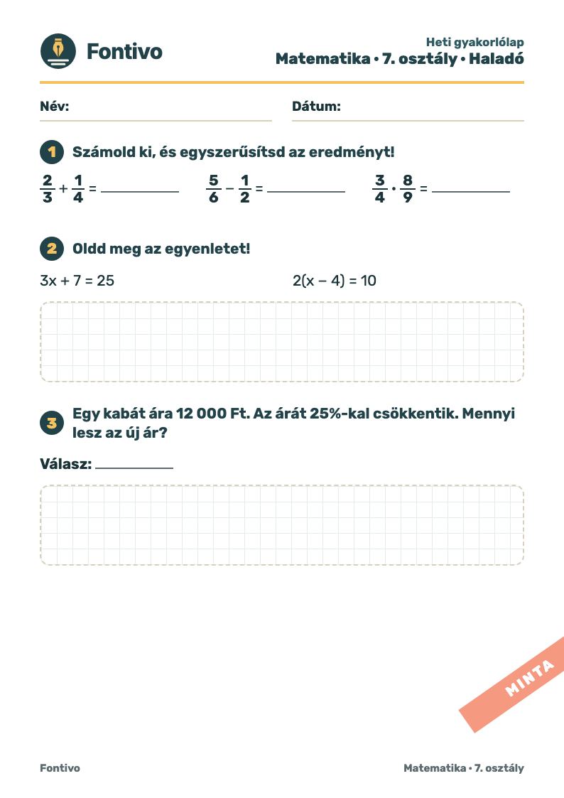 Matematika · 7. osztály · Haladó
